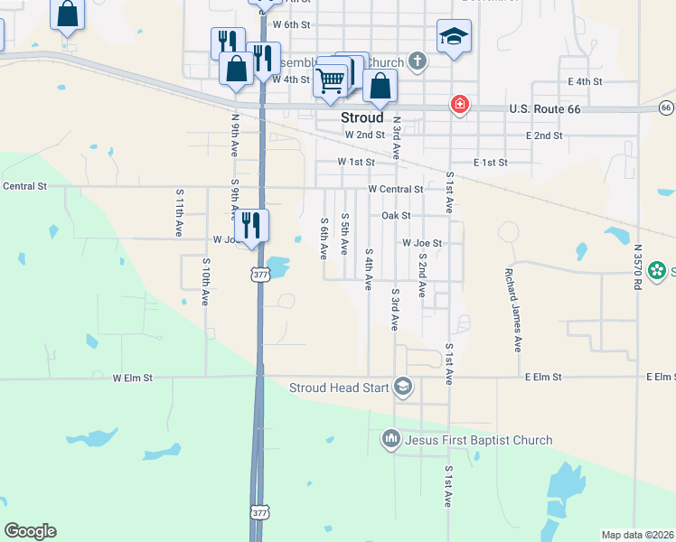 map of restaurants, bars, coffee shops, grocery stores, and more near 506 South 4th Avenue in Stroud