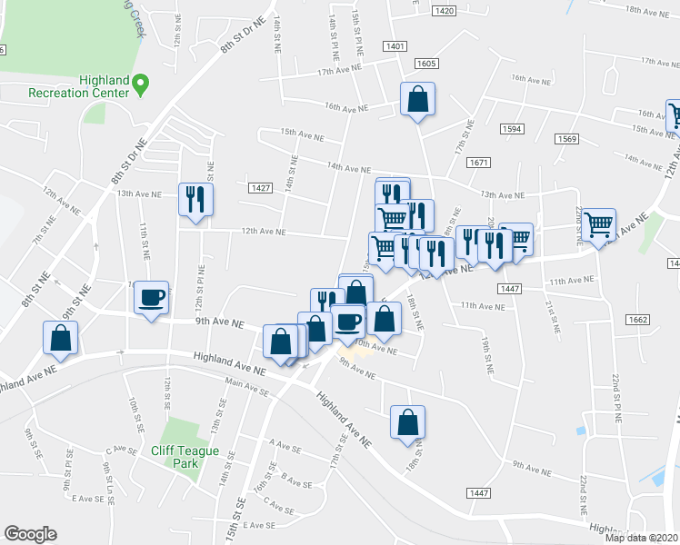 map of restaurants, bars, coffee shops, grocery stores, and more near 1100 15th Street Northeast in Hickory