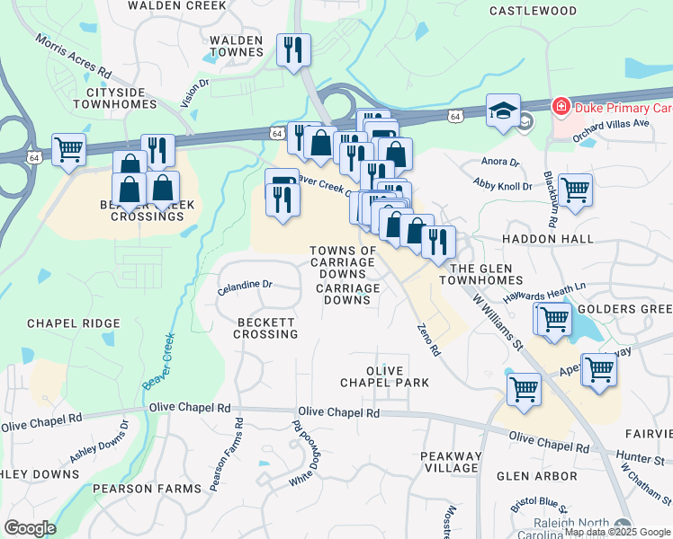 map of restaurants, bars, coffee shops, grocery stores, and more near 104 Graystar Road in Apex