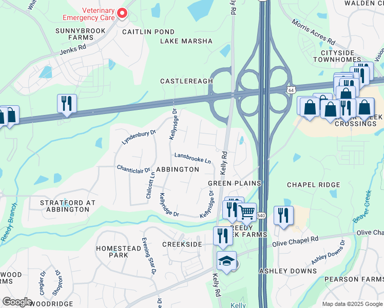 map of restaurants, bars, coffee shops, grocery stores, and more near 111 Lansbrooke Lane in Apex