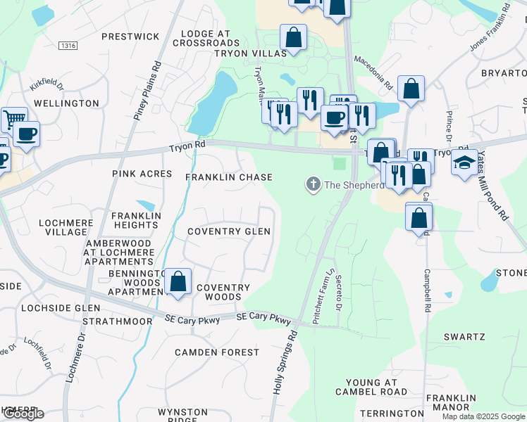 map of restaurants, bars, coffee shops, grocery stores, and more near 103 Longbridge Drive in Cary