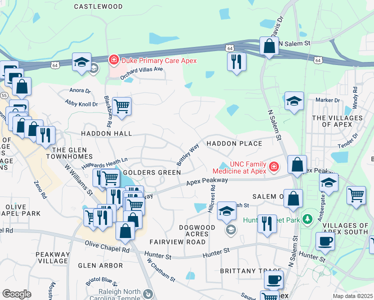 map of restaurants, bars, coffee shops, grocery stores, and more near 800 Haddon Hall Drive in Apex