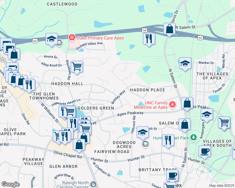map of restaurants, bars, coffee shops, grocery stores, and more near 800 Haddon Hall Drive in Apex
