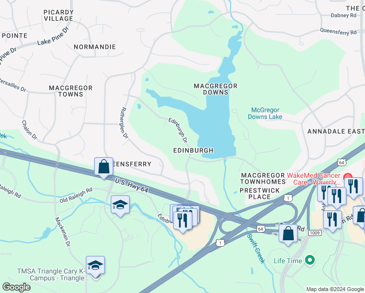 map of restaurants, bars, coffee shops, grocery stores, and more near 205 Edinburgh Drive in Cary
