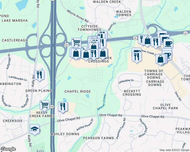 map of restaurants, bars, coffee shops, grocery stores, and more near 2037 Old Chapman Drive in Apex