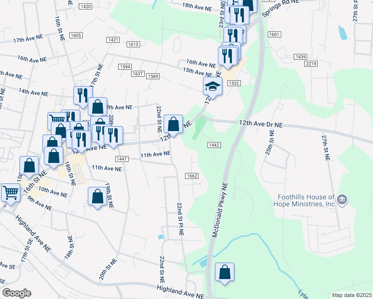 map of restaurants, bars, coffee shops, grocery stores, and more near 1100 22nd Street Northeast in Hickory