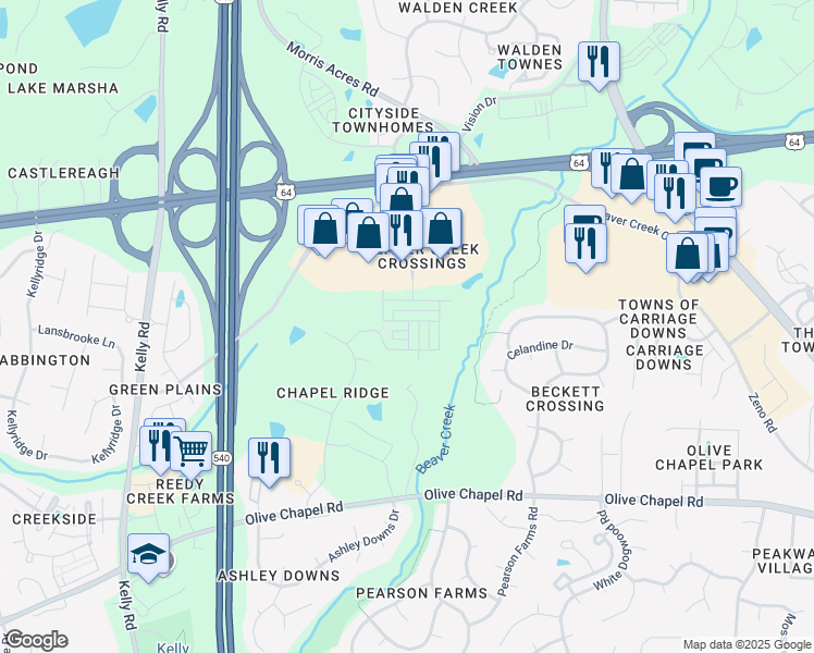 map of restaurants, bars, coffee shops, grocery stores, and more near 2109 Whitesmith Drive in Apex