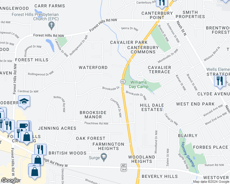 map of restaurants, bars, coffee shops, grocery stores, and more near 1105 Brookside Drive Northwest in Wilson
