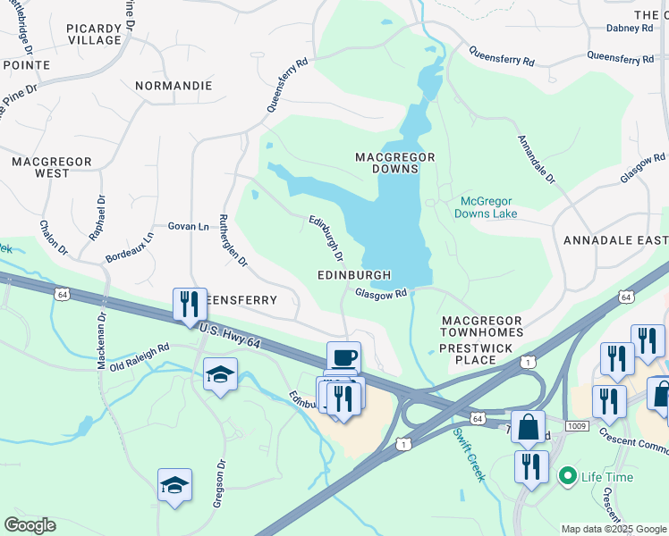 map of restaurants, bars, coffee shops, grocery stores, and more near 205 Edinburgh Drive in Cary