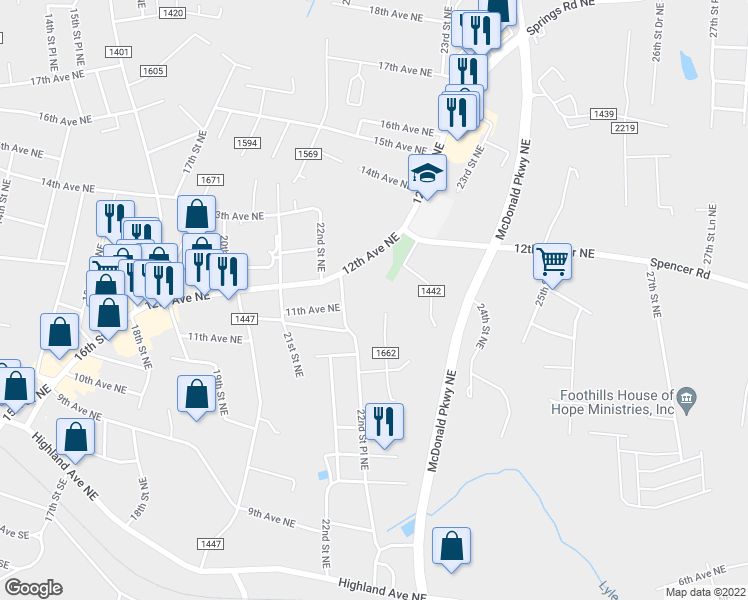 map of restaurants, bars, coffee shops, grocery stores, and more near 1100 22nd Street Northeast in Hickory