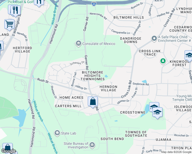 map of restaurants, bars, coffee shops, grocery stores, and more near 2613 Garner Road in Raleigh
