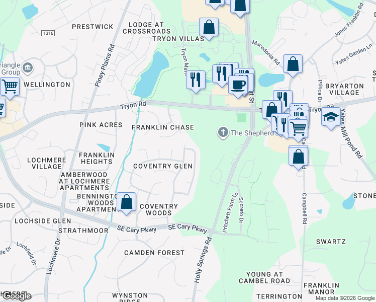 map of restaurants, bars, coffee shops, grocery stores, and more near 103 Longbridge Drive in Cary