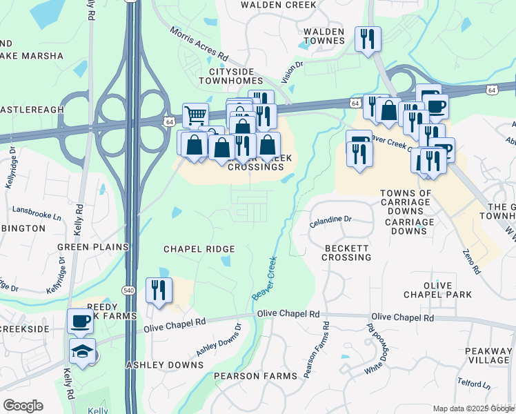 map of restaurants, bars, coffee shops, grocery stores, and more near 1003 Brownsmith Drive in Apex