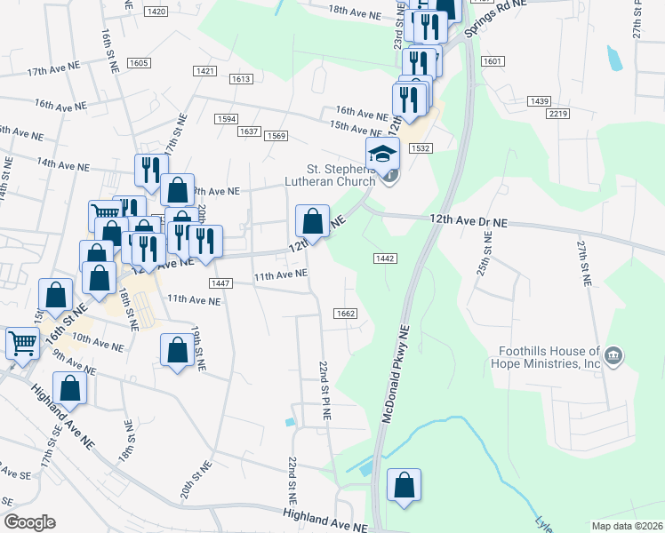 map of restaurants, bars, coffee shops, grocery stores, and more near 2240 12th Avenue Northeast in Hickory