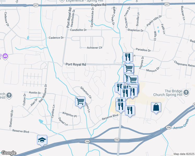 map of restaurants, bars, coffee shops, grocery stores, and more near 1005 Somerset Springs Drive in Spring Hill