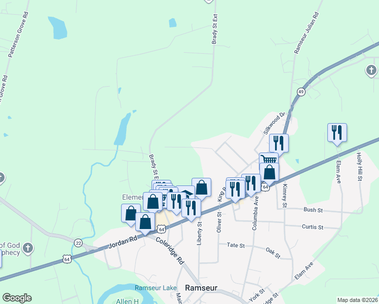 map of restaurants, bars, coffee shops, grocery stores, and more near 4667 Huntingwood Road in Ramseur