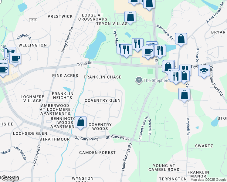 map of restaurants, bars, coffee shops, grocery stores, and more near 405 Ravenstone Drive in Cary