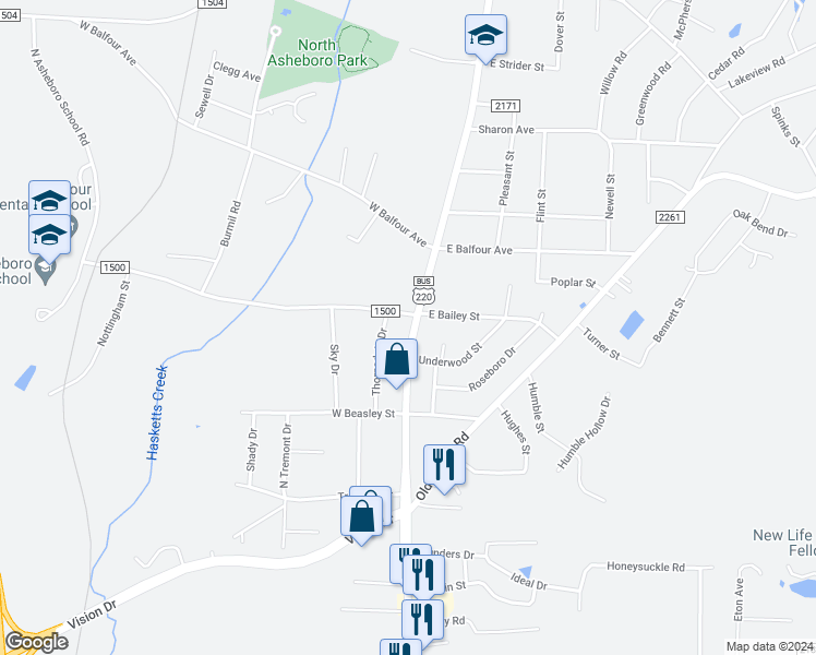 map of restaurants, bars, coffee shops, grocery stores, and more near 1641 North Fayetteville Street in Asheboro