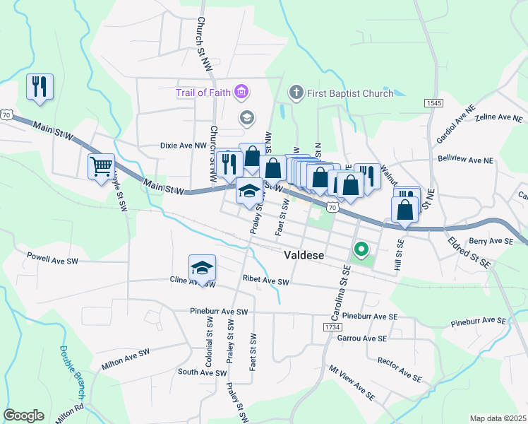 map of restaurants, bars, coffee shops, grocery stores, and more near 212 Saint Germain Avenue Southwest in Valdese