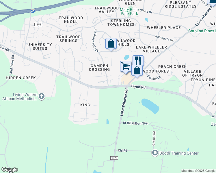 map of restaurants, bars, coffee shops, grocery stores, and more near Tryon Rd & Trailwood Hills Dr in Raleigh