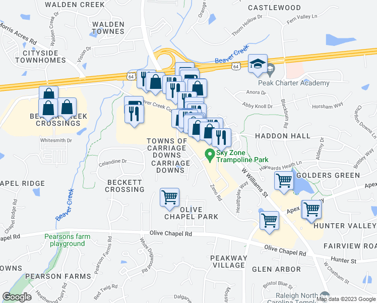 map of restaurants, bars, coffee shops, grocery stores, and more near 108 Watertree Lane in Apex