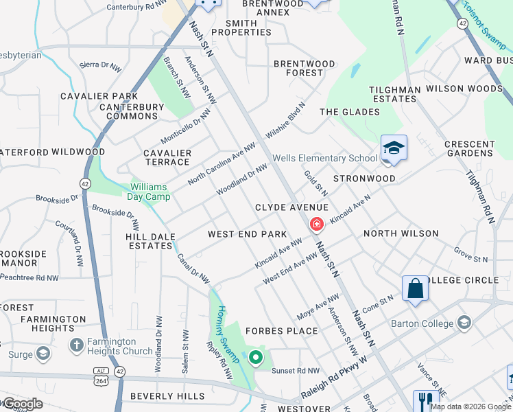 map of restaurants, bars, coffee shops, grocery stores, and more near 1518 Branch Street Northwest in Wilson
