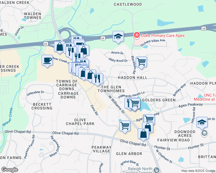 map of restaurants, bars, coffee shops, grocery stores, and more near 134 Darley Dale Loop in Apex