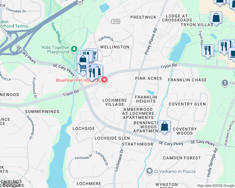 map of restaurants, bars, coffee shops, grocery stores, and more near 102 Vinecrest Court in Cary