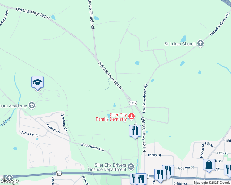 map of restaurants, bars, coffee shops, grocery stores, and more near 260 Village Lake Road in Siler City