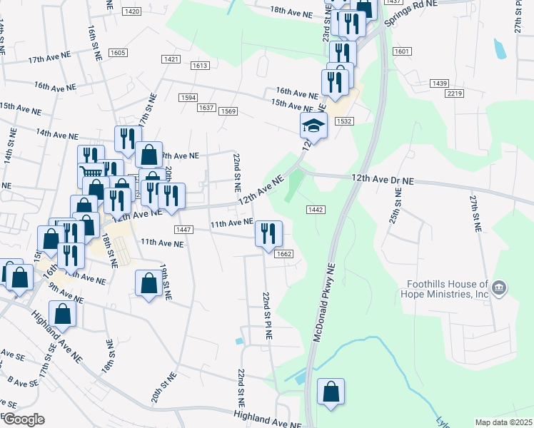 map of restaurants, bars, coffee shops, grocery stores, and more near 1102 22nd Street Northeast in Hickory