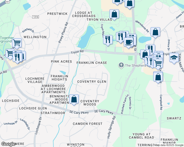 map of restaurants, bars, coffee shops, grocery stores, and more near 104 New Boca Way in Cary