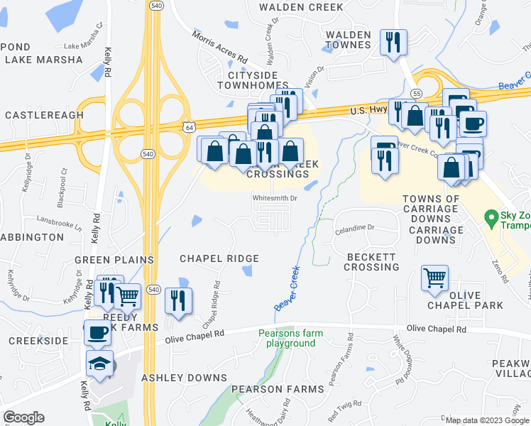 map of restaurants, bars, coffee shops, grocery stores, and more near 2037 Old Chapman Drive in Apex
