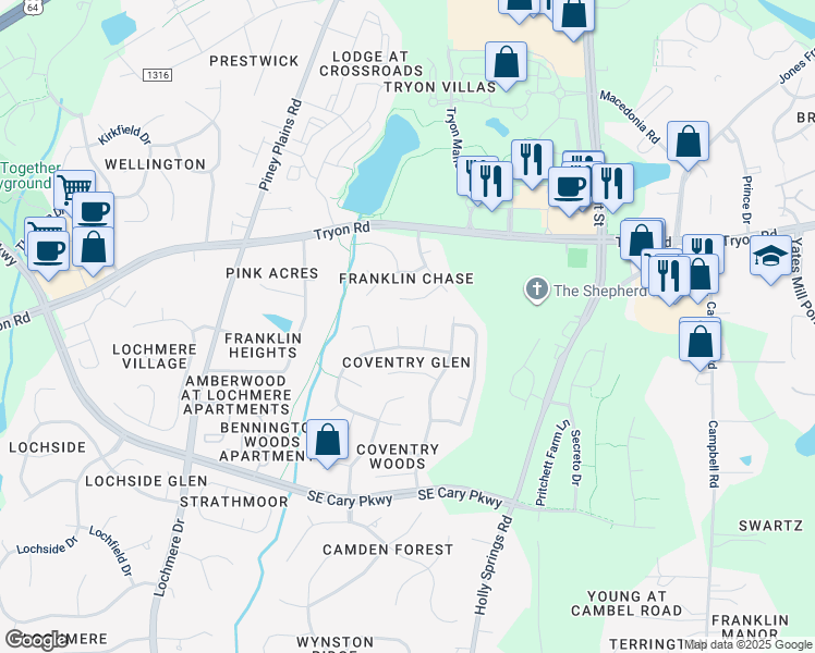 map of restaurants, bars, coffee shops, grocery stores, and more near 104 New Boca Way in Cary