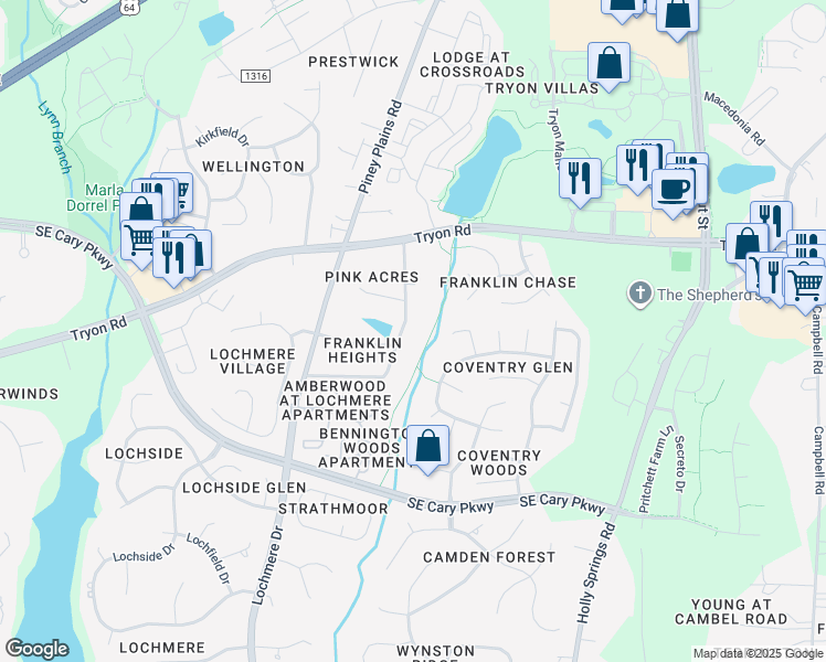 map of restaurants, bars, coffee shops, grocery stores, and more near 2801 Cowley Road in Cary