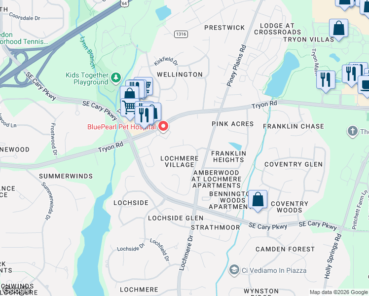 map of restaurants, bars, coffee shops, grocery stores, and more near 102 Vinecrest Court in Cary