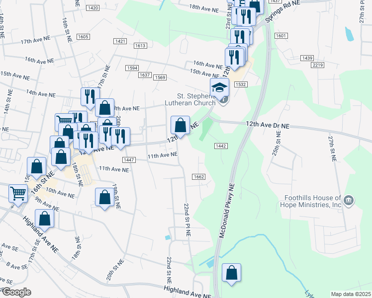 map of restaurants, bars, coffee shops, grocery stores, and more near 2240 12th Avenue Northeast in Hickory