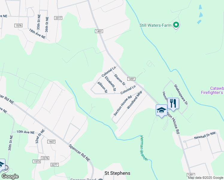 map of restaurants, bars, coffee shops, grocery stores, and more near 3995 Elizabeth Street in Hickory