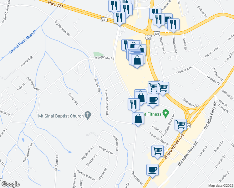 map of restaurants, bars, coffee shops, grocery stores, and more near 616 Wallace Harris Avenue in Maryville