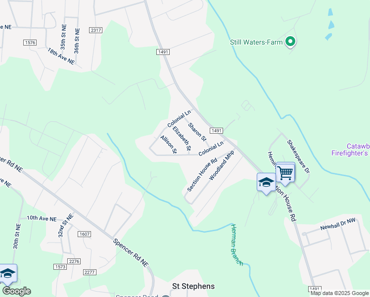map of restaurants, bars, coffee shops, grocery stores, and more near 3995 Elizabeth Street in Hickory