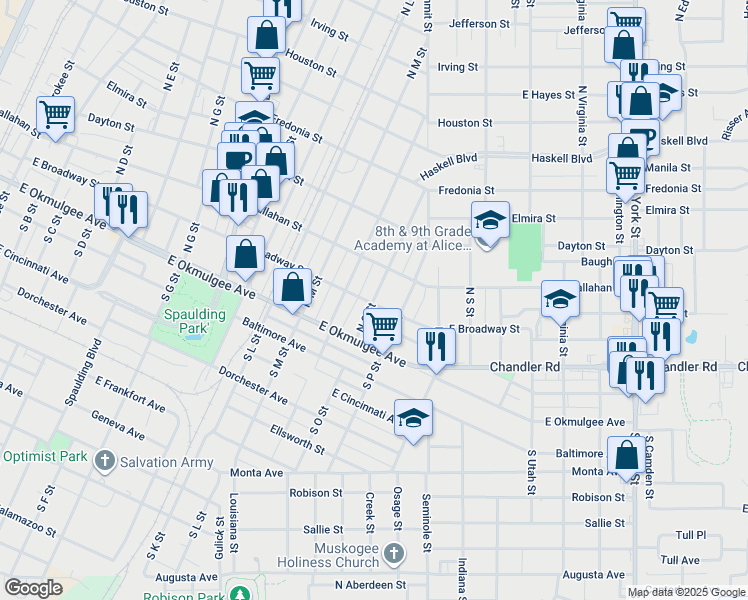 map of restaurants, bars, coffee shops, grocery stores, and more near 211 North O Street in Muskogee