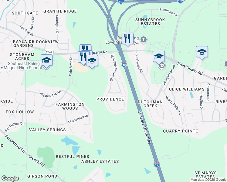 map of restaurants, bars, coffee shops, grocery stores, and more near 2528 Follow Me Way in Raleigh