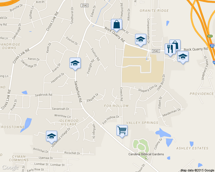 map of restaurants, bars, coffee shops, grocery stores, and more near 2705 Midway Park Court in Raleigh