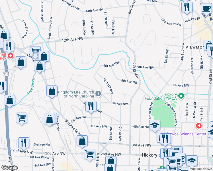 map of restaurants, bars, coffee shops, grocery stores, and more near 747 8th Street Drive Northwest in Hickory
