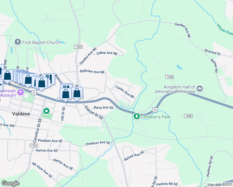 map of restaurants, bars, coffee shops, grocery stores, and more near 301 White Street Northeast in Valdese