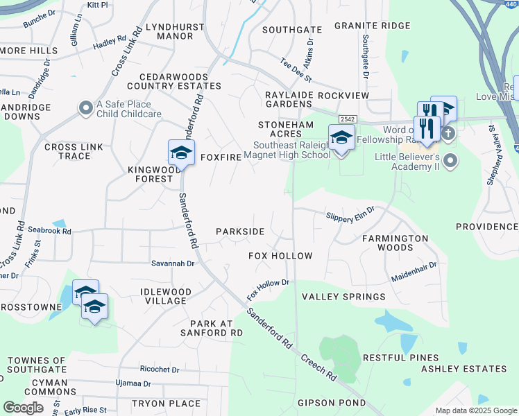 map of restaurants, bars, coffee shops, grocery stores, and more near 2705 Midway Park Court in Raleigh