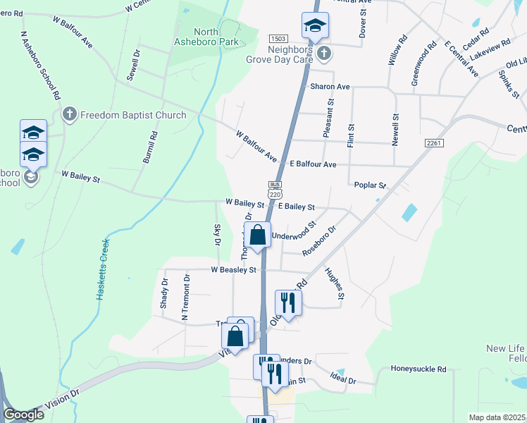 map of restaurants, bars, coffee shops, grocery stores, and more near 114 West Bailey Street in Asheboro