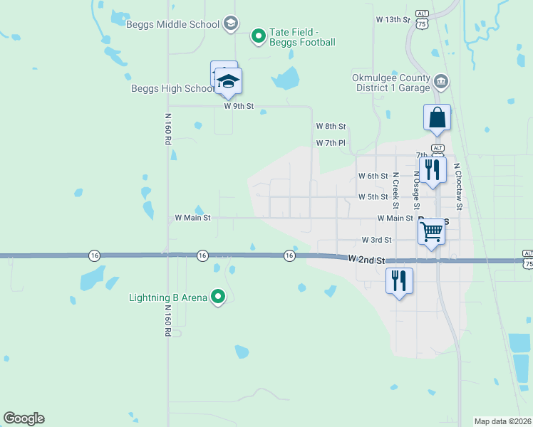 map of restaurants, bars, coffee shops, grocery stores, and more near 907 Main Street in Beggs