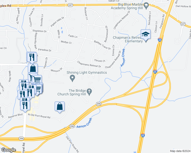 map of restaurants, bars, coffee shops, grocery stores, and more near 4013 Gersham Court in Spring Hill