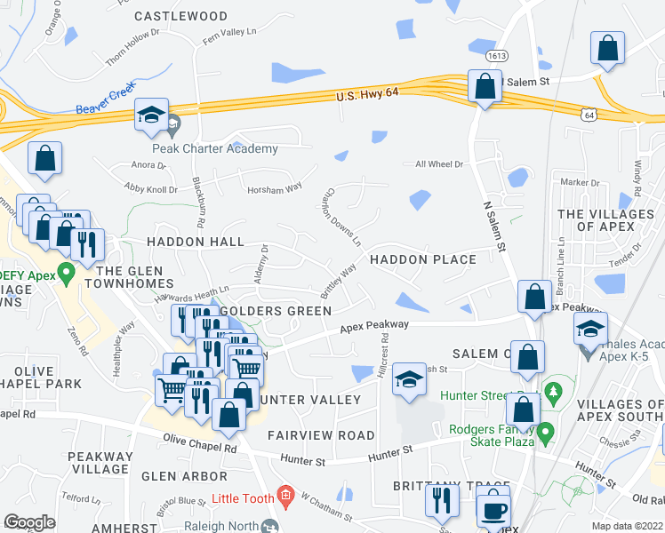 map of restaurants, bars, coffee shops, grocery stores, and more near 802 Haddon Hall Drive in Apex