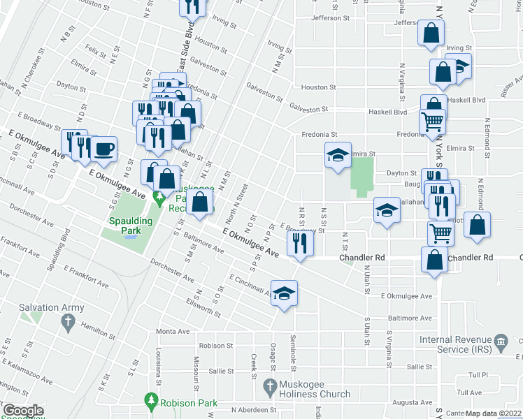 map of restaurants, bars, coffee shops, grocery stores, and more near 1506 East Broadway Avenue in Muskogee